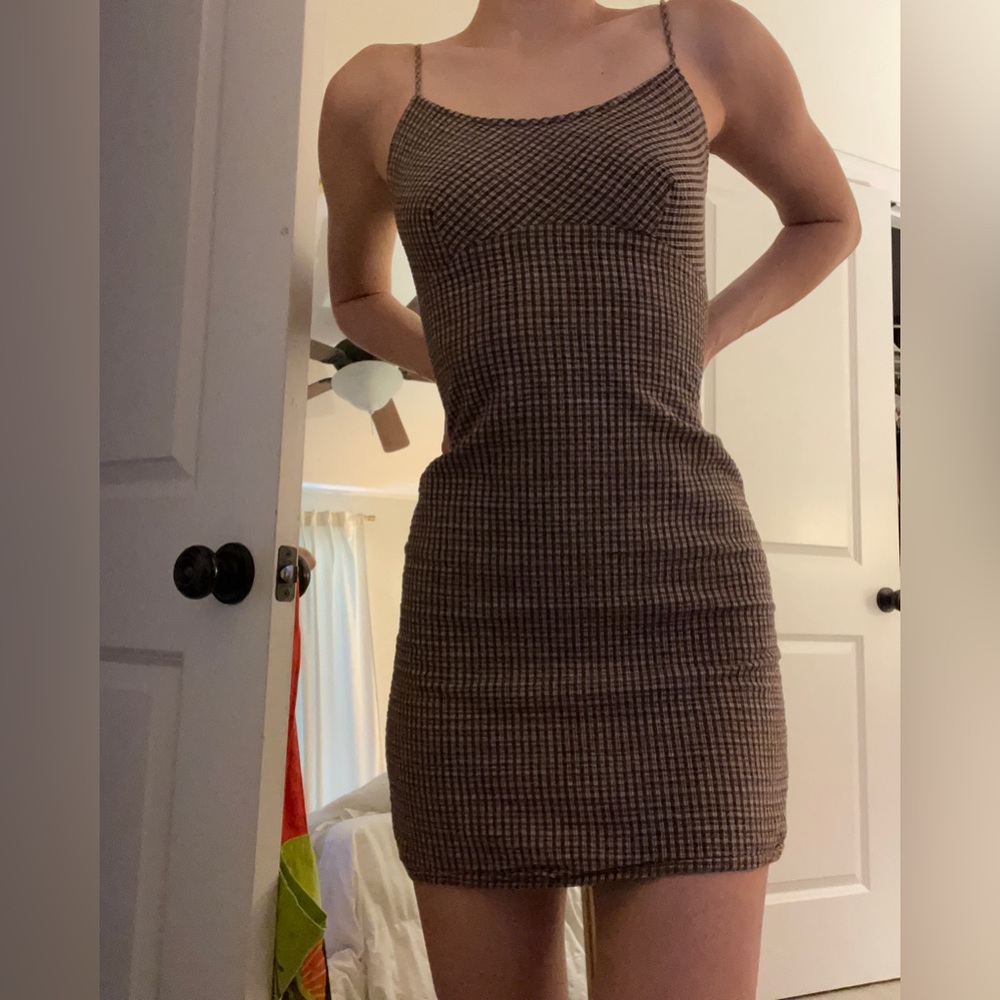 Brown blue and white plaid dress.